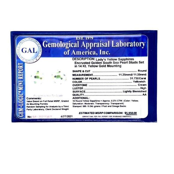 South Sea Pearl Sapphire Earrings 14k Gold 11.33 mm Certified $5,950 113478 - Picture 16 of 16